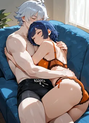 Belle, (female, orange lingerie, short navy blue hair), and Wise, (male, black boxers, white hair), (from zenless zone zero), cuddling on the couch, pale skin, couple cuddle