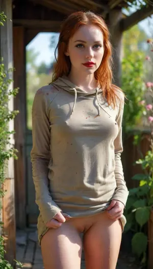 25 year old woman wearing a light weight brown wet hoodie dress, ripped dress, full of holes dress, hoodie dress is used for painting and construction work, very worn, (((extreme close up view))), sleeves rolled up, standing in a cottage Garden, there quarter view, golden sunset light illuminates her, big natural breasts, weight is on one leg, perfect big green eyes, red lipstick, sexy makeup, athletic figure, muscular ass, toned legs, petite, short, shot from above, arched back, good posture, her weight is on one hip, redhead long hair, pubic hair, light freckles, white skin, wide hips, hands in pockets, hair intern a loose bun, ((Ultimate realistic photo details)), (((dynamic sexy pose))), (((bright sunlight))), detailxl, ashlynn_spektre_xl, braless, Wearing, clothes, that, make, sense, with, Braless>, skirt, lift, <lora:MJ52:.8>, <lora:()Ashlynn Spektre XL:1>, <lora:bralessSDXL_v1_00022:1.2>, <lora:skirtLift:.8>