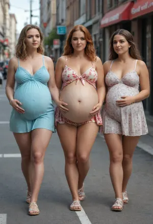 woman, a photo of three pale white ssbbw women walking next to each other, 3women, redhead, ginger, blonde, multiple women, windyupskirt, windy, from behind, multiple asses, bare butts, on a busy city sidewalk, wearing multicolored dresses, best quality, fine details, tanlines, flat, chest, breasts, hips, wide, plump, belly, (pregnant 9 months:1.9), muscular, female, arms, extra, abs