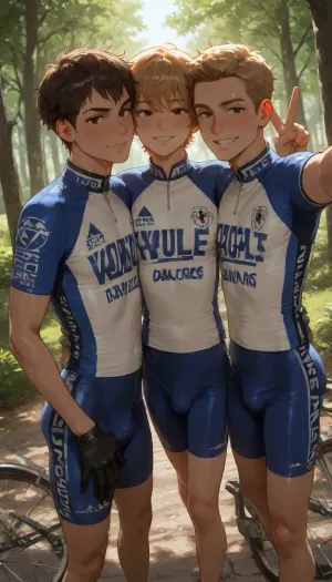 3 boys, gay, yaoi, 18 years old, masterpiece, explicit, blonde and brown and ginger hair, brown eyes, skinny, petite, semi athletic, ((three cyclist boys taking a selfie together)), in nature, white and blue Tight cyclist jerseys, cyclist gloves, happy, peace sign, studio soft light, sweaty, bright light patches, light caustics, Dynamic angle, best quality, amazing quality, high contrast, volumetric lighting, intricate details