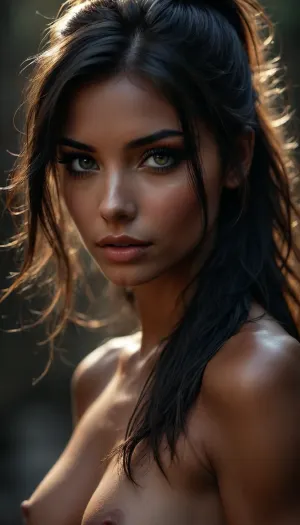 Close up, Portrait, beautiful french, instagram model, 25 years old, happy, perfect, slim body, ideal tits, full body, detailed background, depth of field, insane detail, complexity, aesthetics, detailed face, scattering under the surface, naked, realistic hair, realistic eyes, muscular, masculine, with large pectoral muscles, photograph of a beautiful girl, long black tousled hair, ((hair half up in pony tail and half down)), perfect face, eye contact, perfect eyes, gorgeous, sexy, sensual, seductive eyes and look, pulld, <lora:attractive_notrigger:1.4>, <lora:BUT_SDXL_SHS:1.2>, <lora:Vivid Midjourney mimic - XL SDXL v2.0:1.4>, <lora:add-detail-xl:1.8>, <lora:dark:.4>