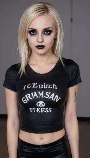 best quality, 8k, detailed, a photo of Russian 20yo goth fitness model, blonde hair, (Large eyes:1), (goth makeup:1.5), slender, (tight fitted wet t-shirt:1.5), arched eyebrows, (huge breasts:.1), perfect smile, blue eyes, solo, sharp body, sexy, full body pov, (intense blushing), large, breasts, big, boobs, huge, beauty_mix1, <lora:bombshell_v2:.5>, <lora:Sweaty_Realism_4-000006:1.4>, <lora:Wet_Makeup__Runny_Mascara-000006:1.2>, <lora:beauty-mix1-xl:2>