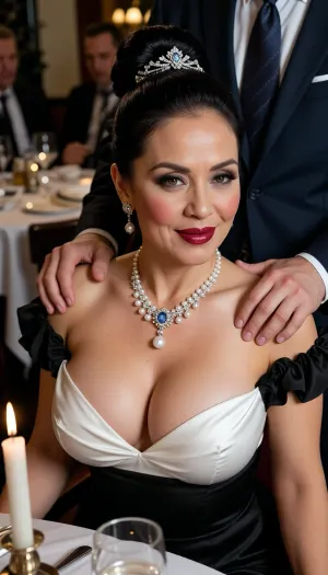 (A beautiful athletic and sophisticated 48yo 1/4th Asian French lawyer and total cumslut sitting in a crowded restaurant:2), black hair in a bun with elaborate silver hair jewelry, (spectacular gigantic high round broad-rooted perky tits filling a white satin lined black off-shoulder frilly evening dress:.001), (long elaborate pearl jewelry drawing attention to deep v-shaped neckline:.001), professional makeup with thick foundation, rouge on cheeks, smokey eye, plump lips, dark red glossy lips, blushed, flushed, high cheekbone, ultrafeminine triangular face, large chin, long thin aquiline nose, long neck, (eye contact), flirting, come hither look ---
charmed, (impressed:3), relaxed, having fun, seductive smile, ---, (very close view from slightly above), ---
A man wearing a formal suit standing behind the woman, his big strong hands are placed on her naked shoulders, indicating possession---
low light, candlelight, cinematic chiaroscuro masterpiece, soft shadows, UHD, 8k, RAW, insane details, focus on face, shallow depth of field
