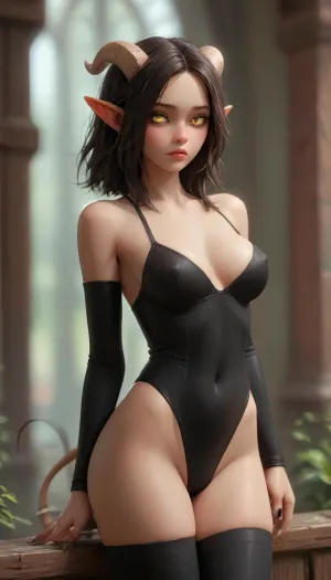 (Solo:3), (big thighs:1.5), (black stockings:1.5), (solo:3), big lips, (big hips:1.5), (big butt:1.2), (small size breast:1.2), tiefling, (((tiefling young adult girl))), ((realistic skin texture)), perfect body, textured skin, high resolution, realistic face perfect lighting, perfectly detailed skin texture, perfect symmetrical face, finely detailed, HD foto, 4k foto, UHD, uberrealistic, high style, 8k wallpaper, ((over-detailed professional photography, masterpiece, epic photorealism)), best resolution, uhd, perfect composition of lights and shadows, dynamic, the brightest image, crystal clear focus, yellow eyes, glowing eyes, inviting look, (horns:1.1), pointy ears, (((random color skin))), solid color leather, skin of the same color, skin of the tiefling race, best quality, highquality, masterpiece, dnd, long black manicure, (off-arms and off-legs black bidysuit:1.5), (one-piece black bodysuit:1.5), spaceport, detailed eyes, 3D style, (cartoon star wars style:1), perfecteyes, 4ng3l, face, dnd forest background, <lora:Samaritan 3d Cartoon SDXL:2>, <lora:PerfectEyesXL:2>, <lora:add-detail-xl:2>, <lora:detailed_notrigger:2>, <lora:SDXL_BetterFaces-LoRA_v1:2>