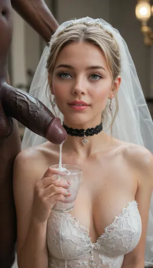 interracial, bbc, very large black penis, happy tanned blonde bride in sexy wedding dress, black choker, cum driping from black penis, drinking sperm from transparent cup, there is glossy and sticky sperm in cup, cup full of sperm, cum swallowing, ((gokkun)), cum dripping from the corners of her lips, concept, futuristic, perfect Hands, beautiful, masterpiece