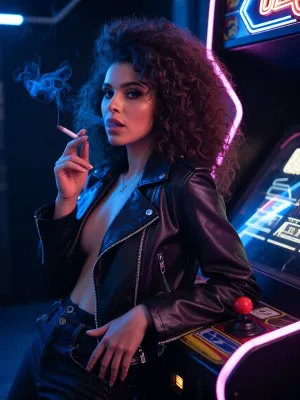 wide shot, 1woman leaning against a neon-lit arcade machine, wearing a leather jacket, cigarette smoke, cinematic dim futuristic lighting, 1980s retro photo with neon and big hair