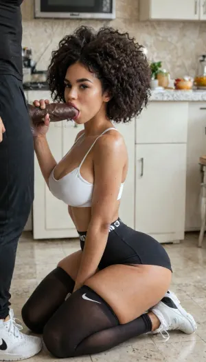 18 year old african woman with black skin, huge silicone breasts, huge round ass, big black afro, thick thighs, thin waist, (wearing a Nike leggings and green topper set, Nike Air Jordan sneakers), tight clothes showing off her beautiful curves, tanlines, sweaty body, in a kitchen, brown eyes, big beautiful eyes, big pink mouth, silicone mouth, big eyelashes, kneeling, (oral sex with a black man with a giant penis:1.6), (huge black penis:1.5), deep throat, half penis in mouth, hand on penis, holding penis, (huge penis), super wide penis, thick penis, veiny and throbbing penis full body, bmbplora, huge, ass, breasts, big, hips, narrow, waist, xbmyr, photo, style, n1kepr0, shorts, leggings, <lora:bimboxl_02:.8>, <lora:BodyLicious:.8>, <lora:LCMTurboMix_Euler_A_fix:.8>, <lora:brasilGPv1:.8>, <lora:Nike_Pros:.8>