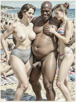 This is is a detailed monochromatic pencil drawing in a classical illustrative style depicts a scene set in USSR in 1960s, bright, colorful colors, A crowded beach, summer, bright sunshine, Russian married curvy woman milf in swimsuit and Russuan beautiful nice skinny girl in swimsuit, 2 African obese ugly bald old men with big flaccid dicks, a vulgar smiles, marginalugly African old men mocking, African old men hug them and give women vulgar hints about sex, Very good quality, The overall mood is intense, rendered in fine, expressive line work and subtle shading, evoking the style of 1950s satirical or moralistic illustrations.