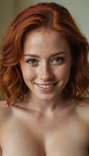 25 year old red haired girl. Big dark brown eyes. Lots of freckles. Beautiful smile. Topless. Big tits.