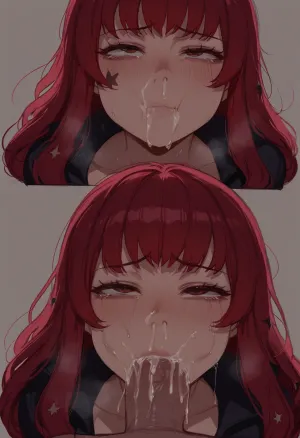(ratatatat74 style), yunaka, aroused, flushed cheeks, tears, blowjob, puffy cheeks, throat bulge, cum in mouth, cum in nose, explosive cum, (simple background), <lora:ratatatat74-000050:2>