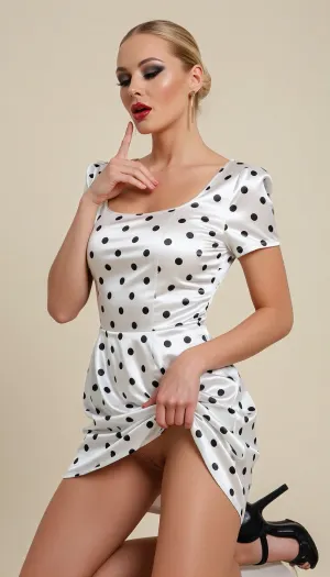 An early‑thirties tall blonde woman rendered in a glossy, high‑fashion editorial photograph, framed head to toe against a seamless ivory studio backdrop, her hair drawn back into a tight, immaculate high chignon at the rear of the head with every strand swept clean from the face, her features finished in full porn‑star glamour, the skin smoothed to a luminous porcelain matte, the cheekbones lifted with warm sculpted contour, the eyes heavily smoked in layered umber and charcoal shadow and fanned out into a sharp winged liner, the lashes thick and lacquered, a single dangling gold earring catching the light, the long neck arched, and the full mouth painted in a deep, glassy, glossy red, lips parted just enough to read as a soft, inviting pout, her body toned and clearly worked, with a defined, veined‑thin forearm, a sculpted deltoid, and a lean, corded calf showing through the stance, posed in three‑quarter profile to the left, the right elbow lifted so that the index and middle fingertips rest flat and deliberate against the lower lip and the point of the chin, the left arm reaching down and away with the fingers clamped into a gathered fistful of skirt fabric drawn out and flaring, the hips swayed to draw the round of the ass and the flare of the hips into the light, one long leg set forward with a soft, controlled knee bend and the other trailing back onto the ball of the foot, she wears a luxurious, lustrous silk‑woven dress in white strewn with all‑over black polka dots, the weave carrying an expensive, liquid sheen, the bodice boned and corseted with shaped cups that lift and round the bust and open a flirty, deliberate hint of cleavage beneath the square neckline, short tailored cap sleeves, the waist drawn to a tight, structured line, and a knee‑length skirt cut from sheer, translucent silk panels that billow and flare to reveal the toned thigh and the curve of the hip, her feet sheathed in black criss‑cross strap stiletto sandals, the whole frame lit with a soft, glossy rim that traces the cheekbone, the collarbone, the wet sheen of the silk, and the flare of the skirt, sharp in focus and finished to magazine‑cover polish, composed with the poised, magnetic pull of a cover star built to hold a man's gaze.
