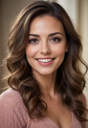 Stunningly beautiful and cute woman, perfect face, cheeky, 33 years old, headshot portrait, wavy brown hair, big dark brown eyes, perfect smile, big lips, tanned