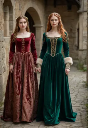 (photo taken in a medieval village:1.4), photo shows complete Person, complete body, walking pose, dynamic, realistic, gloomy lighting, 8K, UHD, clear image, best quality, fine detail, high resolution, 8k wallpaper, masterpiece, two females, (Czech sisters 30 years old:1.2), ((big natural tits:1.2)), (((tall and busty, long perfect legs, perfect round ass, autumn narrow waist, wide hips:1.2))), (detailed green eyes, long hair with veils or medieval hats:1.2), (very detailed face, beautiful, light freckles, pale skin, full lips), ((they wearing different detailed cotton velvet fabric and brocade medieval gowns with fur and long sleeves:1.5)), <lora:SkanzenXL:.5>