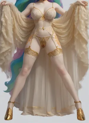 (original character female pony anthro:1.5), (Princess Celestia MLP:1.4), (full body shot:1.5), (standing in provocative erotic pose:1.4), (spread legs:1.3), (stunning white fur:1.3), (massive flowing iridescent pastel mane:1.3), (wearing provocative royal golden sheer silk and white lace lingerie:1.5), (transparent fabric, clinging to curves:1.3), (extremely explicit:1.4), (wide open horse pussy:1.4), (dripping wet, glistening fluids:1.4), (ahegao expression, drooling:1.3), (horse hooves, equine anatomy:1.3), (ultra-detailed 3D render, octane render:1.4), 8k, masterpiece, hyper-realistic textures, cinematic lighting, sharp focus, high contrast, subsurface scattering, golden hour lighting., NEGATIVE_HANDS