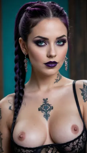 Hyperrealistic gothic woman with long black hair styled in high braids, black lipstick, turquoise eyes, intense smoky eye makeup, and a stylish shoulder tattoo. She wears a sheer dark lace top, her huge breasts exposed, and her nipples visibly erect. The background is dark and mysterious, with shades of purple, pink, and gray. The style is hyper-detailed, digital, and evocative.