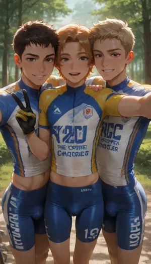 3 boys, gay, yaoi, 18 years old, masterpiece, explicit, blonde and brown and ginger hair, brown eyes, skinny, petite, semi athletic, ((three cyclist boys taking a selfie together)), in nature, white and blue Tight cyclist jerseys, cyclist gloves, happy, peace sign, studio soft light, sweaty, bright light patches, light caustics, Dynamic angle, best quality, amazing quality, high contrast, volumetric lighting, intricate details