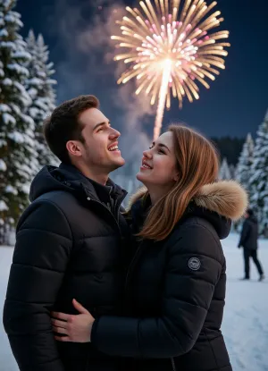 A cinematic, "lively" photograph of a beautiful young couple standing at night in a snow-covered park with tall fir trees. Their joyful, rapt faces radiate intense emotions of happiness. They wear dark, stylish winter jackets with hoods, the image is an extremely detailed professional shot, with flawless skin texture. In the background—a brilliant, gigantic golden-white firework in the shape of a large, glowing flower with numerous delicate rays and a bright vertical trail, beautifully illuminating the snow-covered fir trees and the white ground below. An intense, magical contrast between the warm golden light of the fireworks and the cold, deep-blue winter shadows. Photorealistic rendering, high detail in the skin, fabrics, and snow, cinematic lighting, natural colors, shallow depth of field, and high resolution, (masterpiece quality), .