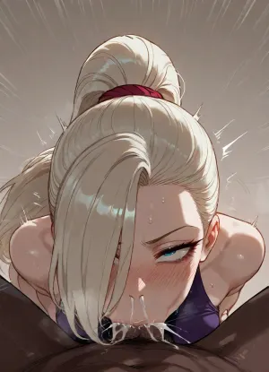 (Ratatatat74 style), (Yamanaka_ino), pov, bbc, deepthroat, cum, cum dripping from nose, front view, (simple background), <lora:ratatatat74-000050:.8>