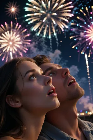 A cinematic, dynamic shot — close-up of a stunning young couple looking up in awe and wonder. In the foreground is an exceptionally detailed, professional image of their faces, with flawless skin texture and individual strands of hair catching the light. In the background is the spectacular sight of a multitude of bright fireworks exploding in the night sky, filling the surrounding space with flashes of multicoloured light, sparkle and atmospheric smoke. Dynamic cinematic lighting, multicoloured highlights illuminating the couple against the fireworks, dramatic shadows, great depth of field, a photorealistic, emotional atmosphere, high resolution, (masterpiece quality)