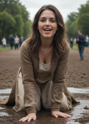 Photographic scene of a 20‑year‑old plump Black woman with a beautiful round face and full lips, wearing everyday clothing, (a dress with an open jacket), . She is at a muddy riverbank and has clearly just slipped and fallen. She is on all fours in thick mud, laughing happily at the situation. Mud splashes around her from the fall. Her face, hair, jacket, dress and skin are heavily covered with sticky mud. The neckline of her dress is muddy from the splash. The mood is humorous and light‑hearted, like a candid funny accident. Natural outdoor lighting, realistic textures, dynamic mud splashes., <lora:Chubby BBW - XL:.8>