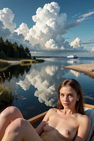 A highly detailed photorealistic cinematic landscape of a quiet northern European coastal lagoon under dramatic summer skies, viewed in an ultra wide panoramic composition, calm mirror-like water perfectly reflecting towering white cumulus clouds and deep blue sky, the scene almost surreal in its symmetry and stillness, soft golden sunlight illuminating pale sandbanks and distant shoreline, rich natural colors with subtle film noir undertones, highly detailed water texture with gentle ripples near the edges, reflections rendered with extreme realism, atmospheric depth stretching toward the horizon, On the left side dense dark green forest lines the shore, wild grasses and reeds growing naturally along the curved edge of the lagoon, untouched and peaceful, in the far distance a white ferry ship slowly crosses the horizon, tiny compared to the immense open sky, small coastal town barely visible far away, subtle haze softening distant details while the foreground remains hyper sharp, The clouds dominate the composition, gigantic sculptural formations with dramatic light and shadow transitions, every cloud edge rendered with intricate realism, soft gradients and reflected highlights mirrored flawlessly in the water below, realistic atmospheric perspective, cinematic wide-angle photography aesthetic, analog 35mm film look, subtle film grain, natural color grading, masterpiece composition, highly detailed textures in sand, vegetation and water surfaces, emotionally calm yet grand atmosphere, maximum realism, ultra realistic lighting, Nordic coastal serenity, quiet cinematic mood, no people visible, only nature, sky and reflection creating a timeless almost dreamlike landscape scene, in foreground a ultra photorealistic full body view, of a nude 25-year-old redhead woman, entire body in frame, She is lying on an elegant wooden lounger, sunbathing in warm golden evening sunlight, slim skinny physique with narrow hips and a firm butt, elegant redhead feminine face with soft androgynous features, (detailed flat chested:1.9), medium natural rounded breasts with hard nipples, feet, fair skin with realistic pores and natural texture, high forehead with gentle horizontal expression lines, fine crow’s feet around the eyes, delicate smile wrinkles and realistic nasolabial folds, light blue-gray almond-shaped eyes with glossy reflections and emotional depth, ultra detailed natural eyelashes, redhead hairs, transparent round eyeglasses with rose-gold metallic temples and realistic reflections, slender straight nose with softly rounded tip, naturally shaped lips with soft pink coloration and a joyful sensual smile, blue circular stud earrings with metallic silver setting, redhead hair with warm honey highlights loosely tied back, soft flyaway strands illuminated by cinematic backlight