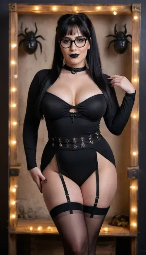 Beautiful 35-year-old influencer woman, standing, smiling sweetly, long black hair in a ponytail, bangs, gothic makeup, black lipstick, thick black frame glasses, huge natural breasts, sagging breasts, huge hips, hourglass body, black garter belt, self-supporting black stockings, open black shirt with a knot, pleated mini skirt, cave, skulls, spiders, bats, realistic as a photo, 4k