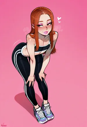 slim, cute, ((incase, melkor_mancin, ratatatat74)), (solo:1), pink makeup, pink lipstick, have wrinkles, young, professional slut, groomed, long hair, tiny flat chest, brown eyes, (ripped, pushups leggings, fitness bra, sneakers), hyper sexualised soft pink background, latina, happy, standing, bent over, show ass