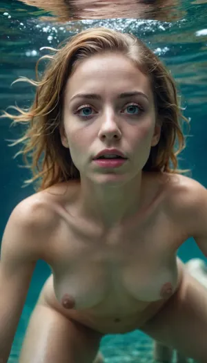 Nude woman under water, kneeling, closeup, eyes open