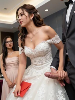 A realistic and documentary wedding scene photo under the lights of the bright indoor banquet hall, using the middle scene, slightly downward from the oblique front of the oblique diagonal composition, the focus is locked in the middle of the picture on the side of the bride's face and left hand, the left corner of the foreground stands a man, hands hanging on both sides of the body, the crotch of the huge erection of the penis, and the man's body in the external emptiness, the interior top of the slightly dark white toplight, showing a simple scene. The center of the picture is a body with a full-bodied, slightly wide collarbone and obvious cleavage of the young East Asian bride, the skin color shows the natural yellow tone of the people in the continent white, the skin state realistic, without any false filter smooth feeling, she has a brown long curly hair, Liu Hai slanted on the side of the cheek, wearing a delicate silver diamond on the left side of the face, wearing a thin silver necklace on the neck, at this time she is facing the left side, the body is bent on the bottom. The red envelope edge is neatly cut, the back is a plug-in seal, she wears a white low-breasted V-neck shoulder-style dress, the upper body of the dress and fluffy skirt are densely covered with fine white lace embroidery, and the V-neck edges are clearly lace-cut, and the waist design outlines a plump body outline. On the right edge of the bride stands the side of a man, (the groom), who wears a set of dark gray suit jackets and trousers, wearing a white lapel shirt inside, revealing white cuffs, and the left hand naturally drooping on the side, in a slightly virtualized state outside of the focus. The background is the interior of the wedding hall, the bride's left behind a bridesmaid, with long hair, wearing black frame glasses, wearing bridesmaids pale pink breast wrapping dress, is smiling to look at the bride, the deeper background is the dark gray ballroom wall and the light white ceiling ceiling edge, are in a moderate to heavy external state of disfigurement, the whole scene due to the real toast interaction and full of rich, warm and very life-conscious Chinese wedding scene.