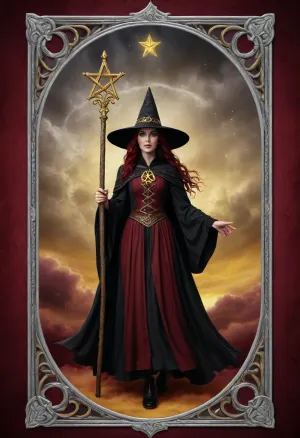 Tarot Card Style, cloudy background, dark red background, black witch eiding yellow broomstick, silver pentagram at bottom, sparkle, border gold celtic knot, serchbythol above masterpiece, official art, <lora:DUSK_XL_TAROTCARD_dadapt_cos_5e4:.8>