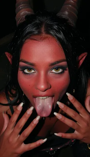 This high-angle, medium-shot photograph features a candid, analog quality with slight flash illumination and fine film grain, reminiscent of 1990s party photography. The central subject is a young adult woman in her early twenties, ((Melkor mancin meet markgavatino style)), 1girl, close up portrait, beautiful demon female, black hair, horns, (seductive face), thick eyebrows, (red skin:1.3), long pointy fangs, (black sclera), perfect yelow light eyes, elf ears, dark room, fantasy style, very detailed, 8k, dark fantasy, dark atmosphere, low lighting, tongue out, cum dripping from tongue, perfect hands, perfect fingers