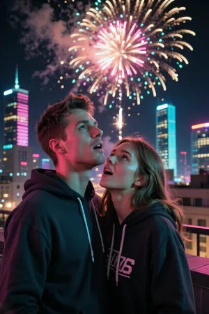 A young couple stands close together on the roof of a modern skyscraper at night, gazing upward in awe at the colorful fireworks. The guy has short hair, fair skin, and an expression of surprise and admiration, he’s wearing a dark hoodie with white hood strings. The girl has long, wavy hair and a beautiful face, she looks up with her mouth open and a slight questioning look, as if asking the guy, “What, is it time to set off the fireworks already?” She’s wearing a dark hoodie with white lettering on the chest. They’re standing very close to each other. Background, a nighttime metropolis with tall buildings—one illuminated by pink-and-purple neon, another by turquoise-and-blue neon, with yellow windows in the distance. In the sky, a large burst of fireworks with pink, purple, turquoise, and gold sparks, smoke, and bokeh. Cinematic neon lighting, pink-and-blue reflections on their faces, photorealism, high detail, and a nighttime atmosphere.