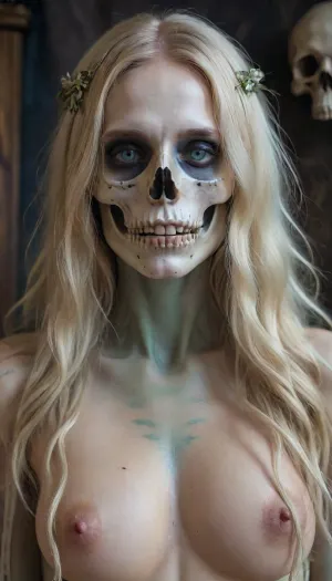 A stylized photograph of Hel, the Norse goddess of death. Her body is split vertically down the middle, one half is a beautiful, pale living woman with long hair and a white iris, while the other half reveals her underlying skeleton, showing a detailed skull, neck vertebrae, and ribs. Beautiful face with blonde long hair, skeleton body. The background is a dark, mystical cosmic void filled with subtle stardust and a deep teal color palette. and a moody, monochromatic blue and green aesthetic., skeleton, <lora:sdxlSkeletonLora:.8>, , <lora:SDXL_BetterFaces-LoRA_v1:.8>