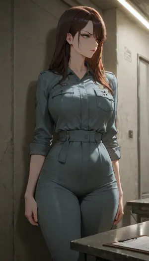 masterpiece, best quality, absurdres, newest, highres, very aesthetic, 1girl, solo, mature female, adult, nsfw, dark brown hair, hair over shoulders, grey eyes, pale skin, medium breasts, slender, narrow waist, long legs, prison jumpsuit, grey uniform, standing, arms at sides, against wall, looking away, serious expression, tired, wrist marks, intake room, metal table, fluorescent lighting, institutional, concrete, clipboard out of frame, cowboy shot, detailed face, detailed eyes, cinematic lighting, intricate details