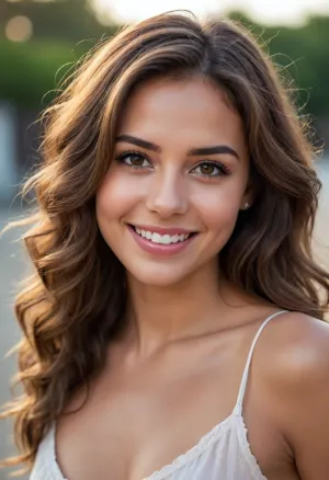 Stunningly beautiful and cute woman, 25 years old, headshot portrait, wavy brown hair, big dark brown eyes, perfect smile, tanned