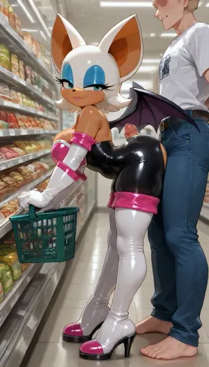 Rouge the bat from the Sonic the hedgehog, antrho, small height, (Very detailed Rouge the bat face), Rouge the bat is wearing her outfit, (Rouge wears a black bodysuit which includes a skin-tight and strapless low-cut unitard that sports a pink and heart-shaped chestplate outlined with thin white-trimming. She also wears elbow-length white gloves and thigh-high high-heeled boots with pink cuffs to match them, with the latter featuring both gray soles and heels, along with steel toes in the appearance of pink hearts, matching her leotard's chestplate. body), in a supermarket, Rouge the bat is standing, Rouge the bat is holding a supermarket basket in her hand, Male anon, (Male anon face is not visible in the frame), Male anon is wearing white shirt and blue jeans, (his jeans are pulled down so that his penis is visible), (penis), erected penis, (shaved penis), Male anon is standing behind Rouge the bat, Male anon is pressing his penis against Rouge the bat ass, Male anon is rubbing his penis between Rouge the bat ass cheeks, Male anon is grabbing Rouge the bat arms with his hands from behind, she is looking at viewer, smiling, masterpiece, side view, professional image, very detailed image, 4K image
