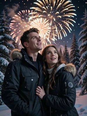 A cinematic, "lively" photograph of a beautiful young couple standing at night in a snow-covered park with tall fir trees. Their joyful, rapt faces radiate intense emotions of happiness. They wear dark, stylish winter jackets with hoods, the image is an extremely detailed professional shot, with flawless skin texture. In the background—a brilliant, gigantic golden-white firework in the shape of a large, glowing flower with numerous delicate rays and a bright vertical trail, beautifully illuminating the snow-covered fir trees and the white ground below. An intense, magical contrast between the warm golden light of the fireworks and the cold, deep-blue winter shadows. Photorealistic rendering, high detail in the skin, fabrics, and snow, cinematic lighting, natural colors, shallow depth of field, and high resolution, (masterpiece quality), .