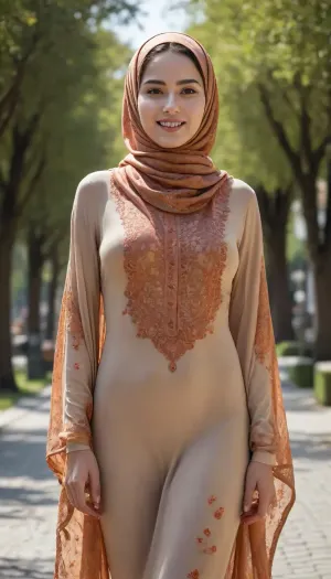 sharp clear illustration, finely drawing, hyperrealistic hejab muslimah, hyper detailed face, dreamy eyes, honest smile, smooth plain kaftan dress, detailed soft fabric in a shaping the nude body, scarf, AA cup size loose breasts, braless, parted legs, wide angle, volumetric natural shadow, dutch angle, two thirds body view, outdoor, public spaces, in the style of Yayoi Kusama