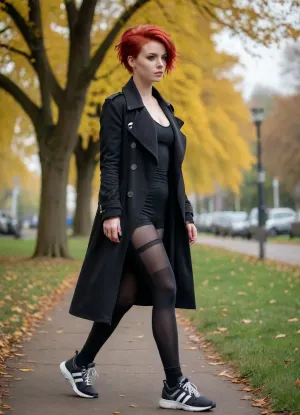 Full-body shot of a red-haired punk woman in her twenties dressed in erotic attire, she has a coat draped over her shoulders and is wearing sneakers, with one hand in her short, tousled hair, she is walking in a park, wearing a shy smile, with her breasts visible and sporting long leggings.