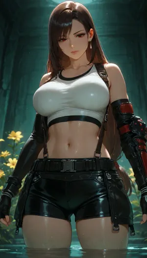 CGI, style, detailed textures, dark brown hair, long hair, serious expression, white tank top, black gloves, black shorts, black belt, leather bag, dimly lit room, teal walls, gold accents, bouquet of yellow flowers in background, soft lighting, reflection on water surface, Tifa looking down, thoughtful mood, video game character, Final Fantasy VII, Tetsuya Nomura