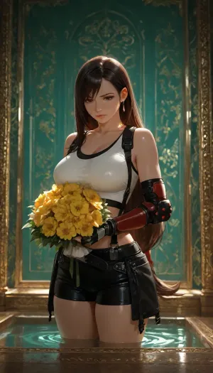 CGI, realistic style, detailed textures, dark brown hair, long hair, serious expression, white tank top, black gloves, black shorts, black belt, leather bag, dimly lit room, teal walls, gold accents, bouquet of yellow flowers in background, soft lighting, reflection on water surface, Tifa looking down, thoughtful mood, video game character, Final Fantasy VII, Tetsuya Nomura, digital art, high resolution, detailed shading, semi-realistic, no realistic, Tifa, Lockhart, <lora:Tifa-Lockhart-Pony:.8>