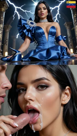Photorealistic vertical split-screen, top half and bottom half completely independent.

TOP HALF, 8k UHD, highly detailed, sharp focus, professional cinematography, photorealistic, RAW photo, masterpiece, tt A cinematic wide shot of dramatic atmospheric lighting, Low perspective, central composition, dramatic lightning, volumetric lighting, 85mm lens, f/1.8, highly detailed skin rendering, hyper-realistic anatomy . Subject, A the most beautiful and attractive venezuelana jovem girl ever, ela tem 27 anos de idade, 🇻🇪 Venezuela, The "Queen of Perfection"• Body Type, A mathematically sculpted hourglass figure, (90-60-90), with an ultra-erect posture and theatrical pageant strides.• Race & Skin Tone, Euro-descendant or light mestiza Latina with a flawless, matte porcelain makeup finish.• Face, Hyper-symmetric features with heavy contouring, dramatic false lashes, sharp arched brows, and statement lipstick.• Hair, Jet-black or deep espresso brown, incredibly long, styled in a high-shine, mirror-like straight texture or Hollywood diva rollers.• The Outfit, An architectural, ultra-structured royal blue satin mermaid gown with a corseted waist that defies anatomy. The dress features an explosive, oversized structural ruffle on one shoulder, completely covered in Swarovski crystals.• Footwear & Accessories, Classic satin stiletto pumps matching the dress exactly. She wears a diamond choker and a high-fashion, abstract silver ear cuff that subtly hints at a tiara.She is doing an extremely immoral act.Venezuela flag on the corner of the photo.

BOTTOM HALF, Close-up of the same young woman. Her face, lips and chin are covered with transparent white cum from the first frame and the cum stays on her face the entire time. A man’s hand rhythmically strokes a thick hard cock. She greedily sucks the cock, looking at the camera with a happy pleasure expression, moving her mouth on the cock and smearing the cum. No speaking, no dialogue, only soft wet sucking sounds and her quiet pleasure breathing. No counter.

Top half = active flirty gesturing, leaning closer, energetic monologue. Bottom half = only continuous blowjob with permanent cum and pleasure. The two halves never exchange actions, faces, or sound. Strict real-time normal speed.

Pure visual video, no subtitles, no text, no captions.