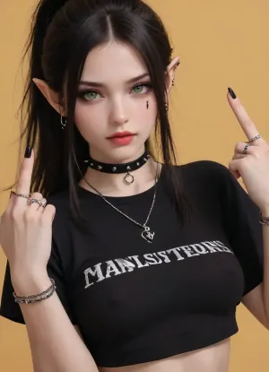 masterpiece, best quality, amazing quality, absurdres, PRETTY AS FUCK, see-through outfit, middle finger, 1girl, pointy ears, jewelry, yellow background, makeup, scar on face, goth fashion, ring, purple eyeshadow, green eyes, black hair, ear piercing, elf, breasts, tongue out, necklace, looking at viewer, simple background, black shirt, black lips, bracelet, upper body, black nails, long hair, ponytail, spikes, choker, lipstick, multiple rings, no bra, covered nipples, shadowheart \, (baldur’s gate\)