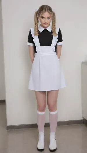 beautiful blonde 18 years old with ponytails woman, white bows, black dress, white apron, soviet school uniform, white high boots, high heels, Femboy model, blonde, small breasts, looking down, suxl, M3L0DYM4RK5, MELODY-MARKS, Sch0llg1rl, American, European, Scandic, Canadian, uniform, <lora:suxl:.8>, <lora:M3L0DYM4RK5 [vvugot1905cc735fbp19f1]:1.8>, <lora:melody-marks-xl:2>, <lora:Schoolgirl:.8>, <lora:warmbackgroundxl-v1-000100:.8>