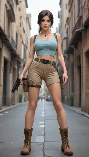 (Beautiful makeup:1.3), Tomb raider, in the city, beautiful hairstyle, sexy pose, (big tits:1.2), very big boobs, (sexy pose:1.3), view from below, full body view, Classic Outfit Pieces
• Top, Teal, blue, or grey racerback tank top.
• Bottoms, Khaki or brown cargo shorts
• Gear, Adjustable faux-leather utility belt with dual thigh gun holsters.
• Footwear, Dark brown or black lace-up combat boots.