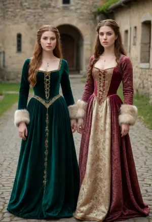 (photo taken in a medieval village:1.4), photo shows complete Person, complete body, walking pose, dynamic, realistic, gloomy lighting, 8K, UHD, clear image, best quality, fine detail, high resolution, 8k wallpaper, masterpiece, two females, (Czech sisters 30 years old:1.2), ((big natural tits:1.2)), (((tall and busty, long perfect legs, perfect round ass, autumn narrow waist, wide hips:1.2))), (detailed green eyes, long brunette hair, individual hair strands in face:1.2), (very detailed face, beautiful, light freckles, pale skin, full lips), ((they wearing different detailed cotton velvet fabric and brocade medieval gowns with fur and long sleeves:1.5)), <lora:SkanzenXL:.5>