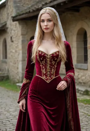 (photo taken in a medieval village:1.4), photo shows complete Person, complete body, walking pose, dynamic, realistic, gloomy lighting, 8K, UHD, clear image, best quality, fine detail, high resolution, 8k wallpaper, masterpiece, one female, (Czech duchess 30 years old:1.2), ((voluptuous breasts:1.2)), (((tall and busty, long perfect legs, perfect round ass, autumn narrow waist, wide hips:1.2))), (long blonde hair with veil or medieval hat:1.4), (very detailed face, beautiful, light freckles, pale skin, full lips), ((she wears a detailed velvet fabric and brocade medieval gown with fur and long sleeves:1.5)), <lora:SkanzenXL:.5>