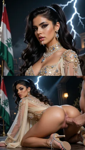 Photorealistic vertical split-screen, top half and bottom half completely independent.

TOP HALF, 8k UHD, highly detailed, sharp focus, professional cinematography, photorealistic, RAW photo, masterpiece, tt A cinematic wide shot of dramatic atmospheric lighting, low perspective, central composition, dramatic lightning, volumetric lighting, 85mm lens, f/1.8, highly detailed skin rendering, hyper-realistic anatomy . Subject, A the most beautiful and attractive libanesa jovem girl ever, ela tem 27 anos de idade, Lebanon, The "Middle Eastern Opulence"• Body Type, Tall, slender, yet retaining very soft, elegant curves with an elongated neck designed to carry heavy haute couture jewelry.• Race & Skin Tone, Middle Eastern/Semitic with a light olive or almond skin tone perfected by high-coverage, strategic baking.• Face, Enormous almond eyes accentuated by heavy smokey eyeshadow and a sharp wing, thick arched brows, and plumped, lined lips.• Hair, Jet-black or dark espresso, incredibly dense and glossy, styled in flawless salon waves or a sleek, high-fashion ponytail.• The Outfit, An insanely luxurious champagne-colored tulle gown, entirely hand-beaded with millions of micro-crystals, pearls, and gold sequins. The dress features a dramatic 15-foot cape attached to the shoulders that flows majestically behind her.• Footwear & Accessories, Custom crystal-encrusted stilettos. She wears teardrop diamond earrings that catch every single light on the runway.She is on an ultimate erotic position.Libano flag on the corner of the photo.

BOTTOM HALF, A cinematic wide shot of naughty atmospheric lighting, back rear view perspective, erotic lightning, view of exactly the same young woman on the same moment. Her face, lips and chin are covered with transparent white cum from the first frame and the cum stays on her face the entire time. bare buttocks, she is on all fours with ass up in the air. Expression, open mouth, closed squinted eyes, orgasmic face. Action, a small man is fucking her ass. He is squatting on her ass doing an intense assjob, full deep anal sex, deep assjob, man's penis is buried deep in anus, violent momentum, gripping her hair tightly, hairpulling, punishing expression, closed eyes. Details, natural skin textures, visible.

Top half = active flirty gesturing, leaning closer, energetic monologue. Bottom half = only assjob. Sex with permanent cum and pleasure. The two halves never exchange actions, faces, or sound. Strict real-time normal speed.