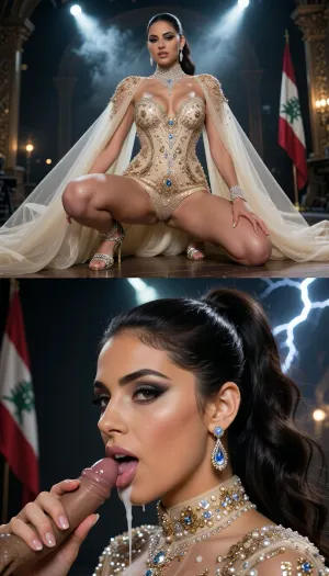 Photorealistic vertical split-screen, top half and bottom half completely independent.

TOP HALF, 8k UHD, highly detailed, sharp focus, professional cinematography, photorealistic, RAW photo, masterpiece, tt A cinematic wide shot of dramatic atmospheric lighting, low perspective, central composition, dramatic lightning, volumetric lighting, 85mm lens, f/1.8, highly detailed skin rendering, hyper-realistic anatomy . Subject, A the most beautiful and attractive libanesa jovem girl ever, ela tem 27 anos de idade, Lebanon, The "Middle Eastern Opulence"• Body Type, Tall, slender, yet retaining very soft, elegant curves with an elongated neck designed to carry heavy haute couture jewelry.• Race & Skin Tone, Middle Eastern/Semitic with a light olive or almond skin tone perfected by high-coverage, strategic baking.• Face, Enormous almond eyes accentuated by heavy smokey eyeshadow and a sharp wing, thick arched brows, and plumped, lined lips.• Hair, Jet-black or dark espresso, incredibly dense and glossy, styled in flawless salon waves or a sleek, high-fashion ponytail.• The Outfit, An insanely luxurious champagne-colored tulle gown, entirely hand-beaded with millions of micro-crystals, pearls, and gold sequins. The dress features a dramatic 15-foot cape attached to the shoulders that flows majestically behind her.• Footwear & Accessories, Custom crystal-encrusted stilettos. She wears teardrop diamond earrings that catch every single light on the runway. She is on an ultimate erotic position.Libano flag on the corner of the perfect photo.

BOTTOM HALF, A cinematic wide shot of dramatic atmospheric lighting, High perspective, erotic lightning, Three quarters view of exactly the same young woman on the same moment. Her face, lips and chin are covered with transparent white cum from the first frame and the cum stays on her face the entire time. She greedily kiss the extremely detailed anatomical perfect regular medium cock, looking at the camera with a naughty pleasure expression, sliding her mouth on the cock and smearing the cum. quiet pleasure breathing. No counter.

Top half = active flirty gesturing, leaning closer, energetic monologue. Bottom half = only continuous blowjob with permanent cum and pleasure. The two halves never exchange actions, faces, or sound. Strict real-time normal speed.