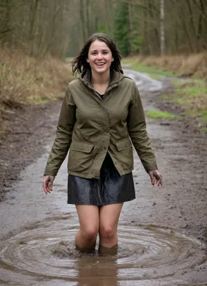 The air is warm and humid, and on the bank of the small river lies a wide, muddy patch, softened by the rain of the last few days. A young, plump Black woman in everyday clothes – a loose-fitting parka, a knee-length fabric skirt, sturdy shoes – is just taking a step too close to the slippery edge.

Her foot slips.

The moment she loses her balance, her body tenses reflexively. Her arms shoot forward, her upper body lurches across the slippery surface, and she falls face-down into the mud. The impact is soft but loud, a dull splash, followed by a wide spray shooting out in all directions.

The mud splashes over her jacket, over her shoulders, even a little onto her face. Her parka is left with a large, dark streak of mud across the front. A few drops land on her forehead, and a fine spatter even hits her glasses, which are askew.

For a moment, she simply lies there, taken by surprise, caught halfway between shock and laughter. Then she lifts her head, and a broad, genuine grin breaks through. She laughs at herself, at the embarrassing but somehow funny fall, whilst the mud slowly runs down her clothes.

The scene looks like a spontaneous still from a comedy series, a mishap that doesn’t hurt anyone, but brings a smile to everyone’s face., plump, skindentation, chubby, bbw, venus, body, big, breasts, ass, <lora:Chubby BBW - XL:2>